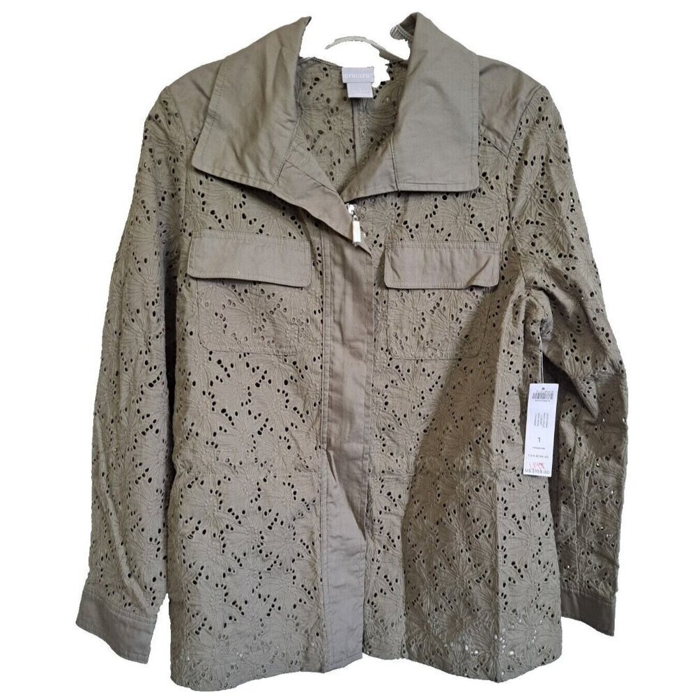 Chico's S Women's Olive Smoke Eyelet Utility Long Sleeve Full Zip Jacket Coastal